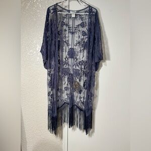 Jody California Sheer Lace Kimono with Fringe bottom